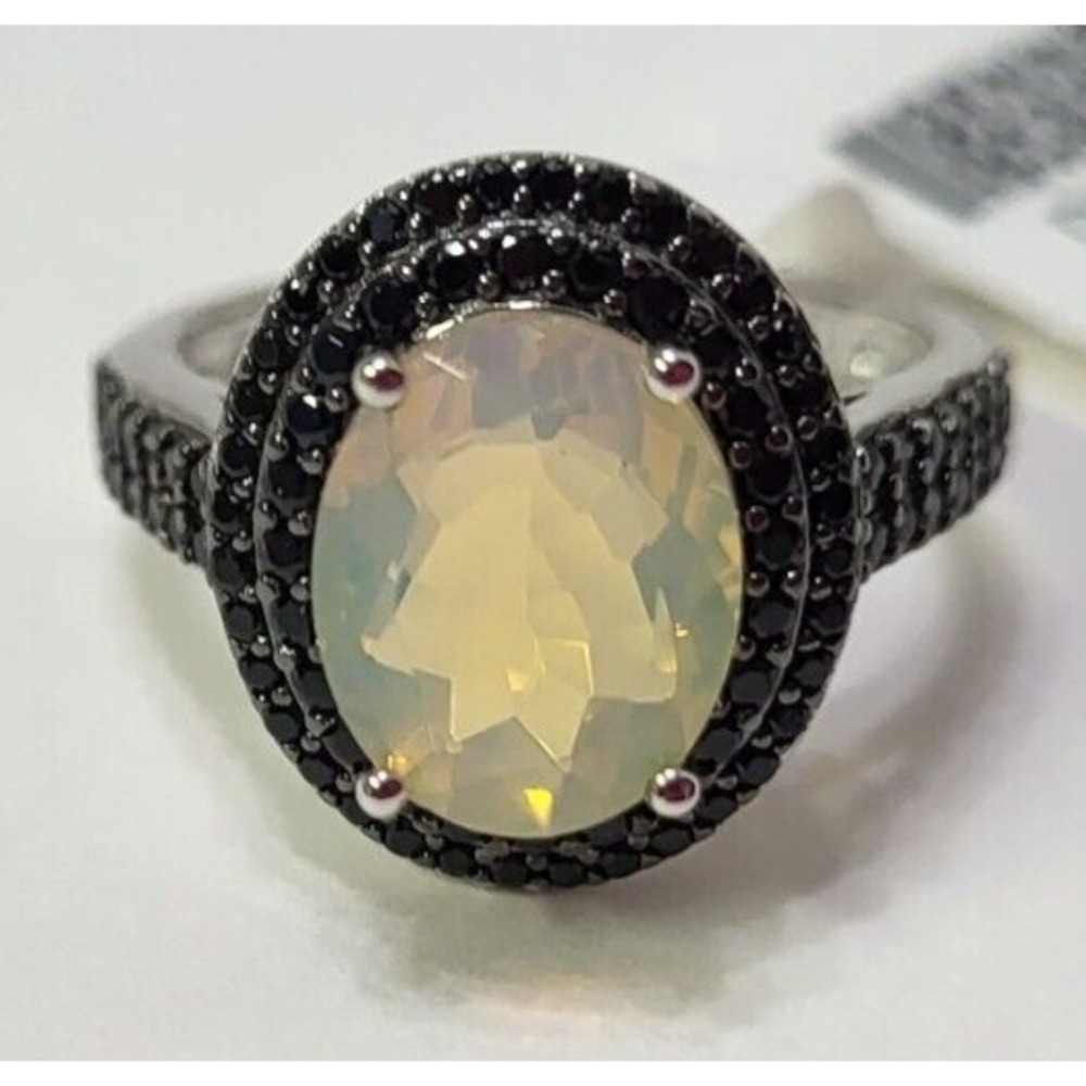 Ethiopian Opal Oval with Double Black Spinel Halo 925 Sterling Ring Sz 6 China